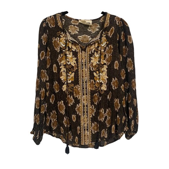 Savanna Jane Brown Snakeskin Floral Embroidered Bohemian Blouse Size S - Picture 1 of 9